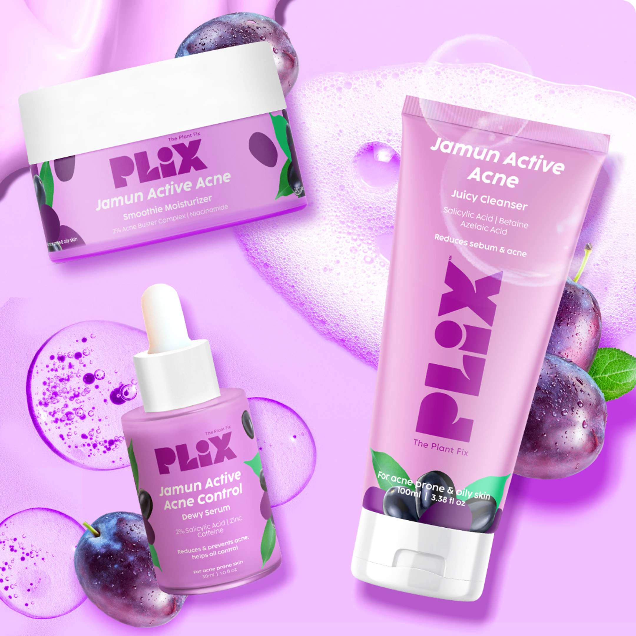 Jamun Active Acne Regime with Cleanser, 2% Salicylic Acid Serum, & Moisturizer