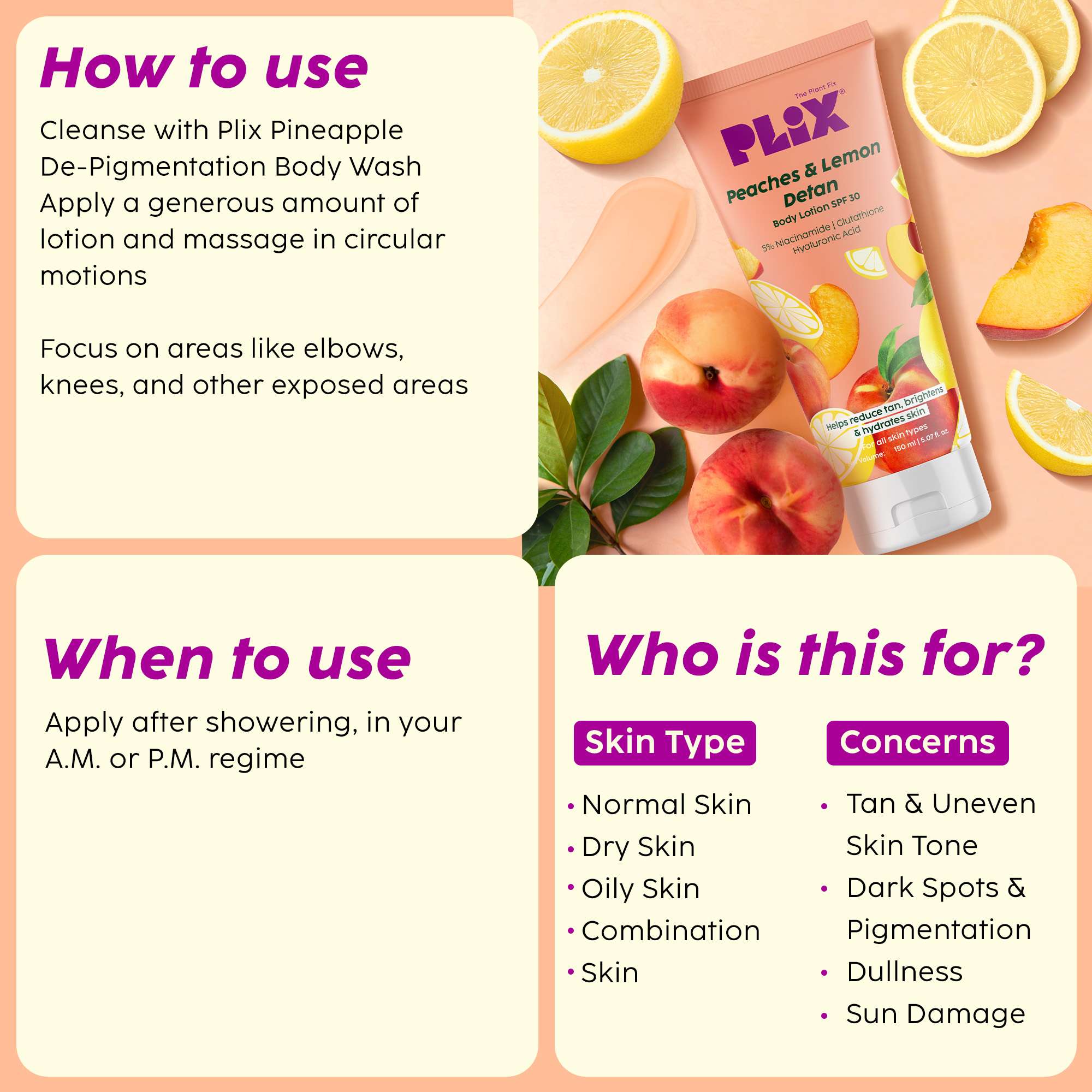 Peaches & Lemon Detan Body Lotion SPF 30 (Brightens & Moisturizes for  Softer Skin)